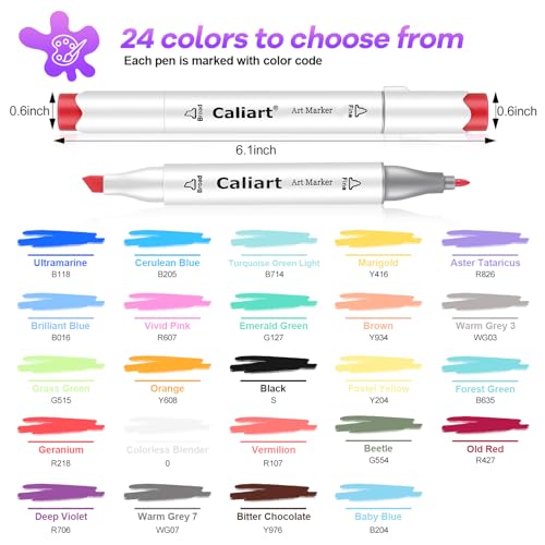 Caliart Fine & Chisel Permanent Alcohol Markers for Adult Coloring Book, Aesthetic School Supplies, Pens for Drawing Col