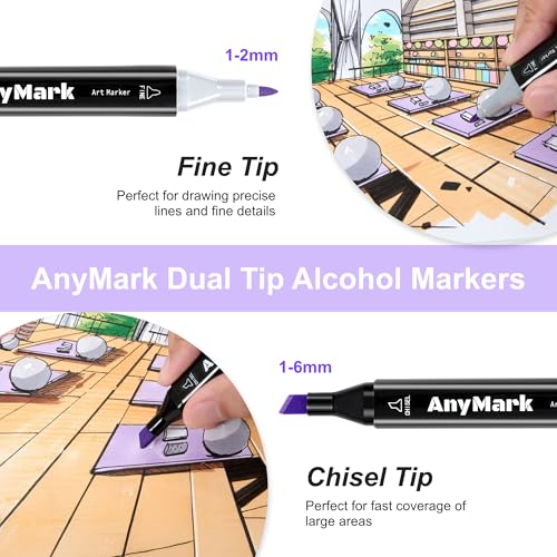 AnyMark Alcohol Markers, 60 Colors Dual Tip Art Coloring Markers Set for Kids and Adults Drawing Painting Chisel and Fin