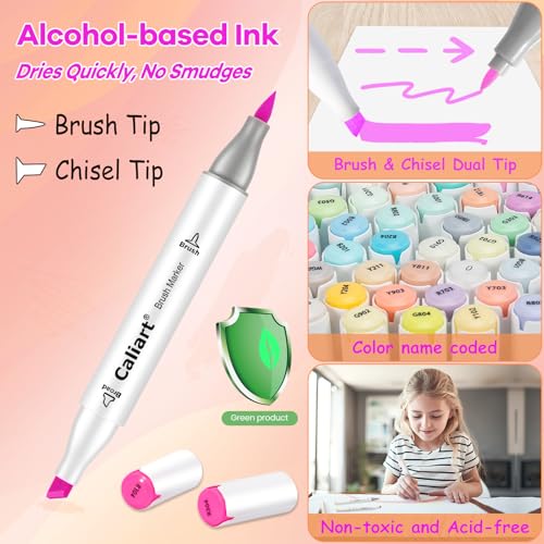 Caliart Alcohol Brush Markers: 51 Colors Dual & Chisel Tip, Perfect for Lettering & Drawing, Ideal School Supplies for M