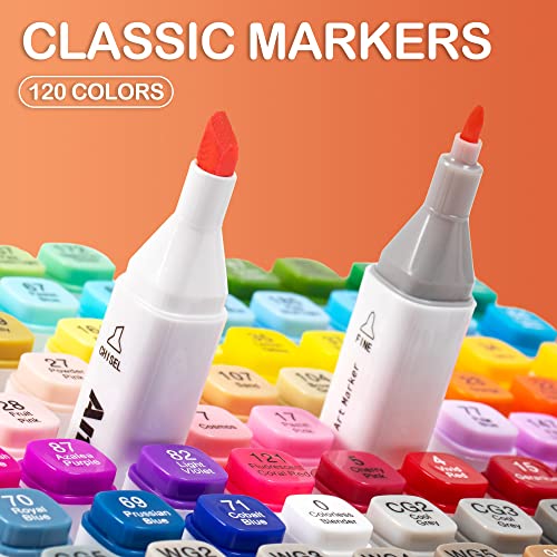 AnyMark Alcohol Markers, 120 Colors Dual Tip Art Coloring Markers Set for Kids and Adults, Chisel & Fine Tips, White Pen