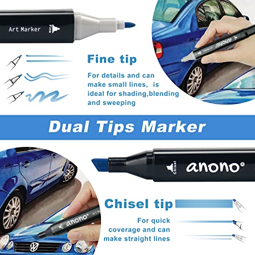 Anono 100 Colors Alcohol Markers Set | Chisel & Fine Tips | Suitable for Book Painting and Coloring | Black Barrel