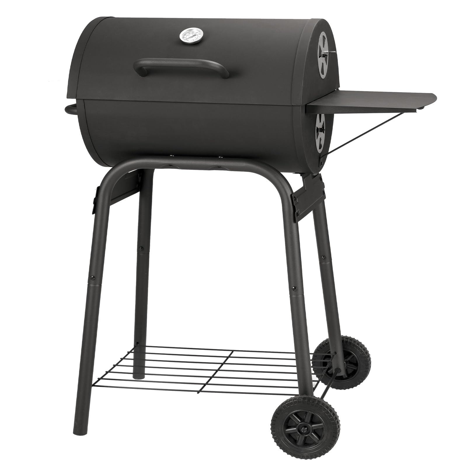 Large Barrel Charcoal Grill with Side Shelf, Perfect for Backyard Camping and Patio Parties