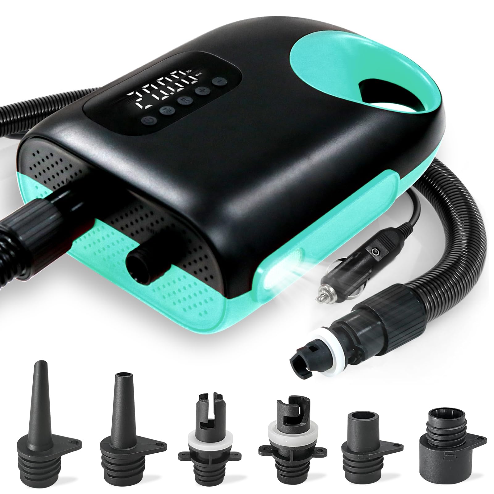  Portable Electric SUP Air Pump for 20PSI Paddle Board - Dual Stage Inflation & Deflation, 110W, Auto-Off Function & 12V