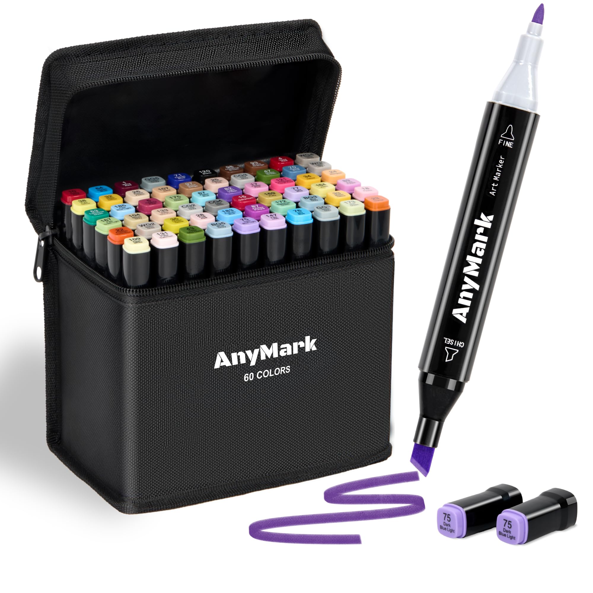 AnyMark Alcohol Markers, 60 Colors Dual Tip Art Coloring Markers Set for Kids and Adults Drawing Painting Chisel and Fin