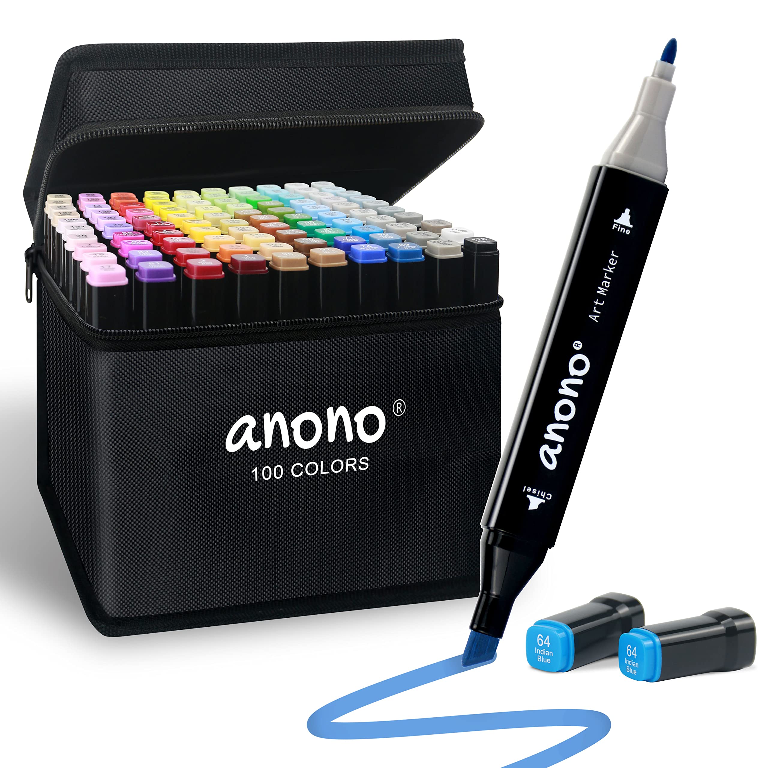Anono 100 Colors Alcohol Markers Set | Chisel & Fine Tips | Suitable for Book Painting and Coloring | Black Barrel