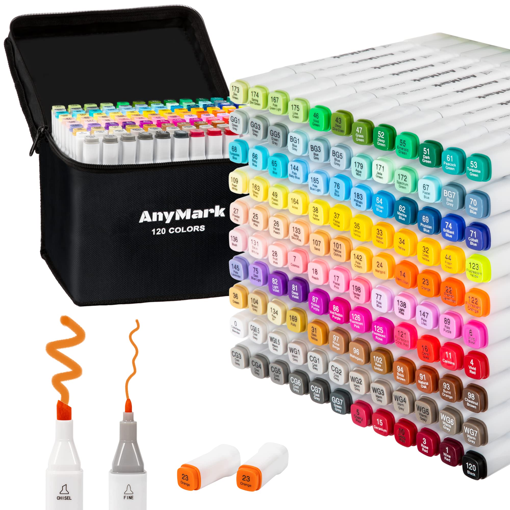 AnyMark Alcohol Markers, 120 Colors Dual Tip Art Coloring Markers Set for Kids and Adults, Chisel & Fine Tips, White Pen